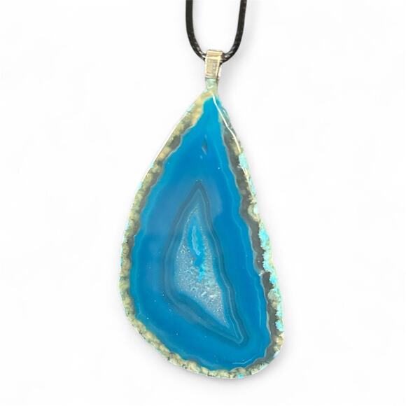 Blue Agate Slice Necklace ~ Stone Pendant - Picture 2 of 3